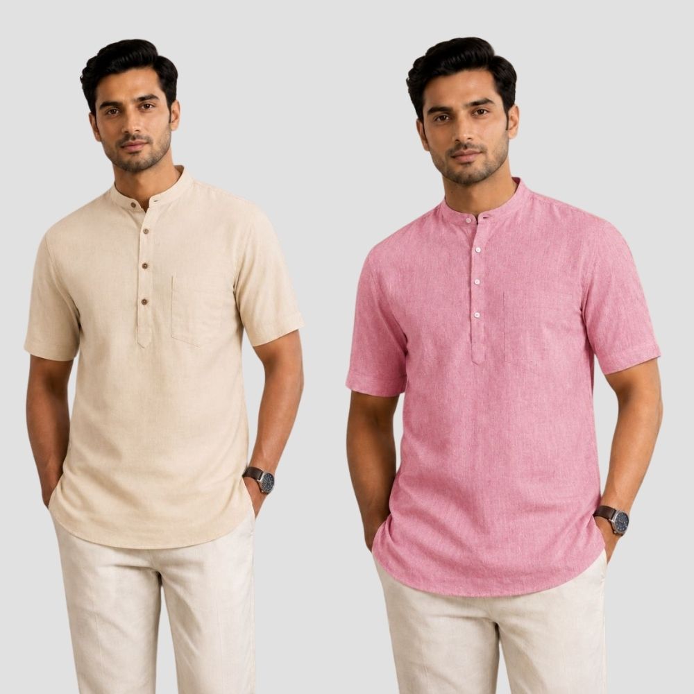 Combo of 2 Cotton Half Sleeves Kurta Beige and Pink-51331