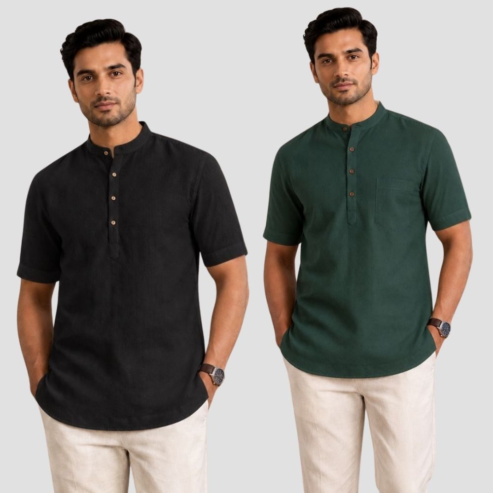 Combo of 2 Cotton Half Sleeves Kurta Black and Bottle Green-51358