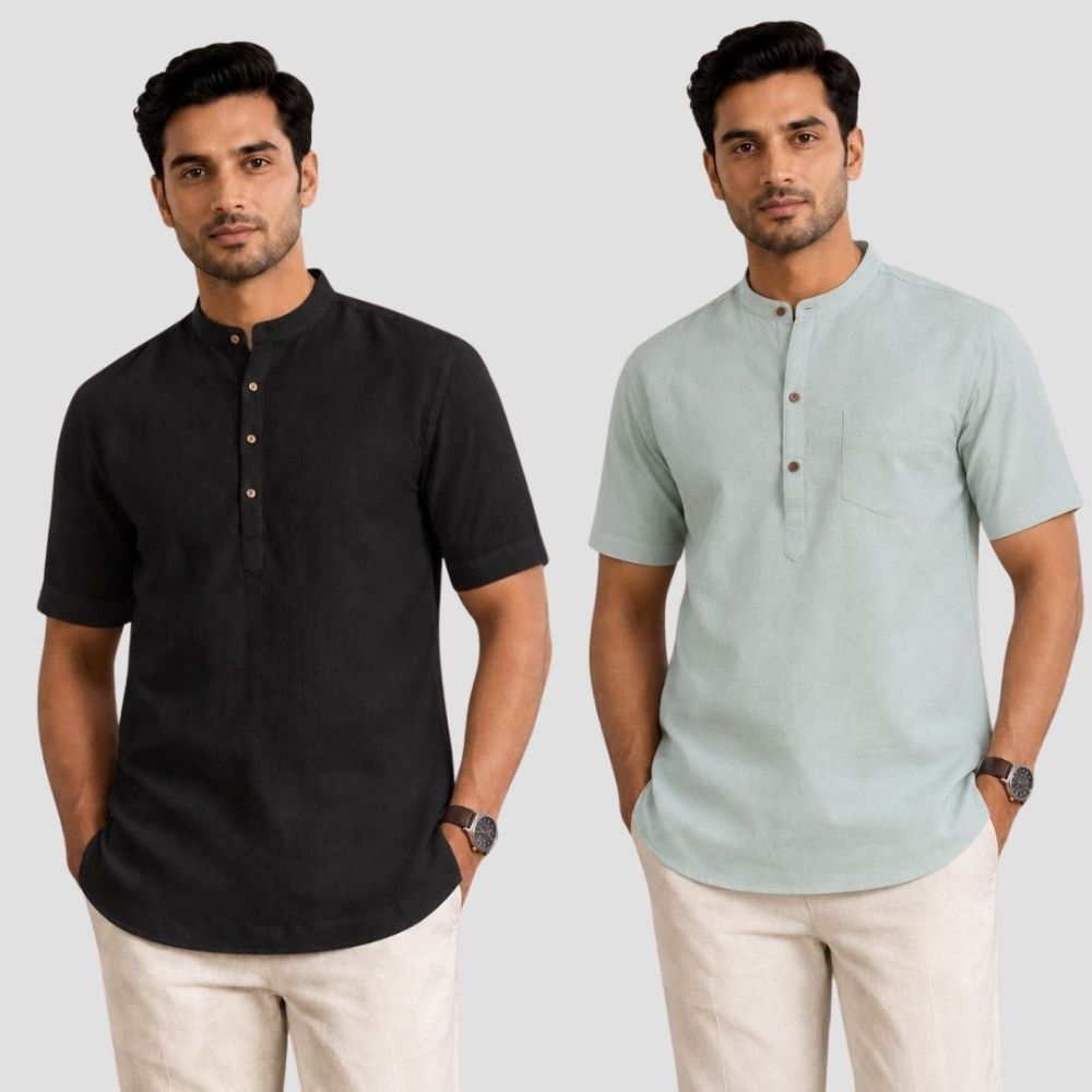 Combo of 2 Cotton Half Sleeves Kurta Black and Gray-51365