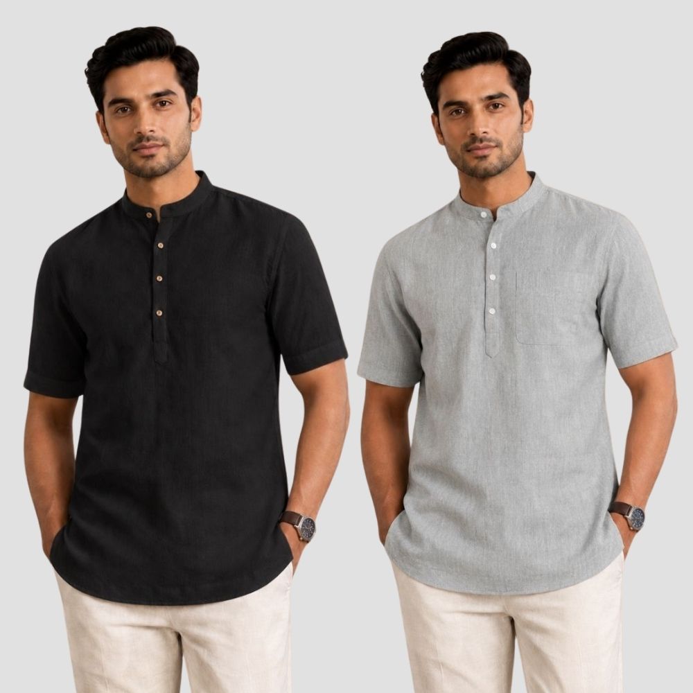 Combo of 2 Cotton Half Sleeves Kurta Black and Light Gray-51361
