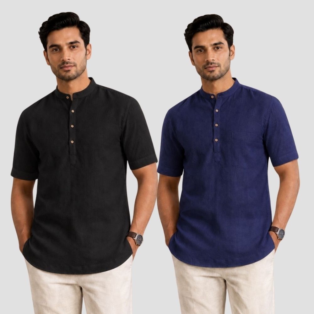 Combo of 2 Cotton Half Sleeves Kurta Black and Navy Blue-51368