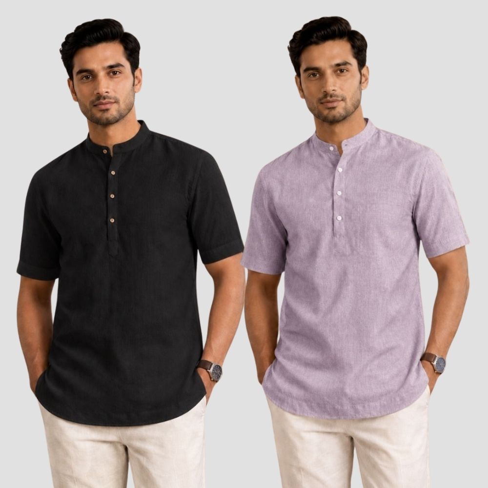 Combo of 2 Cotton Half Sleeves Kurta Black and Purple-51371