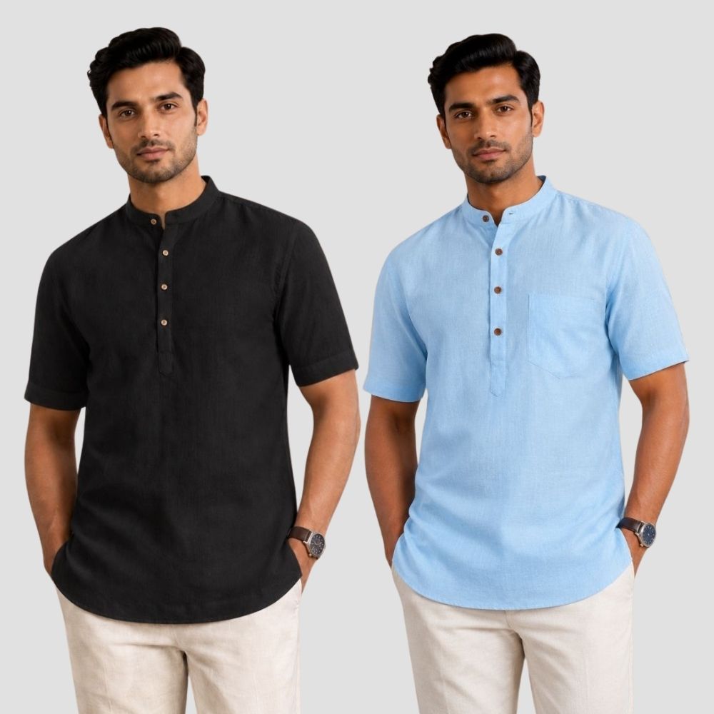 Combo of 2 Cotton Half Sleeves Kurta Black and Sky Blue-51366