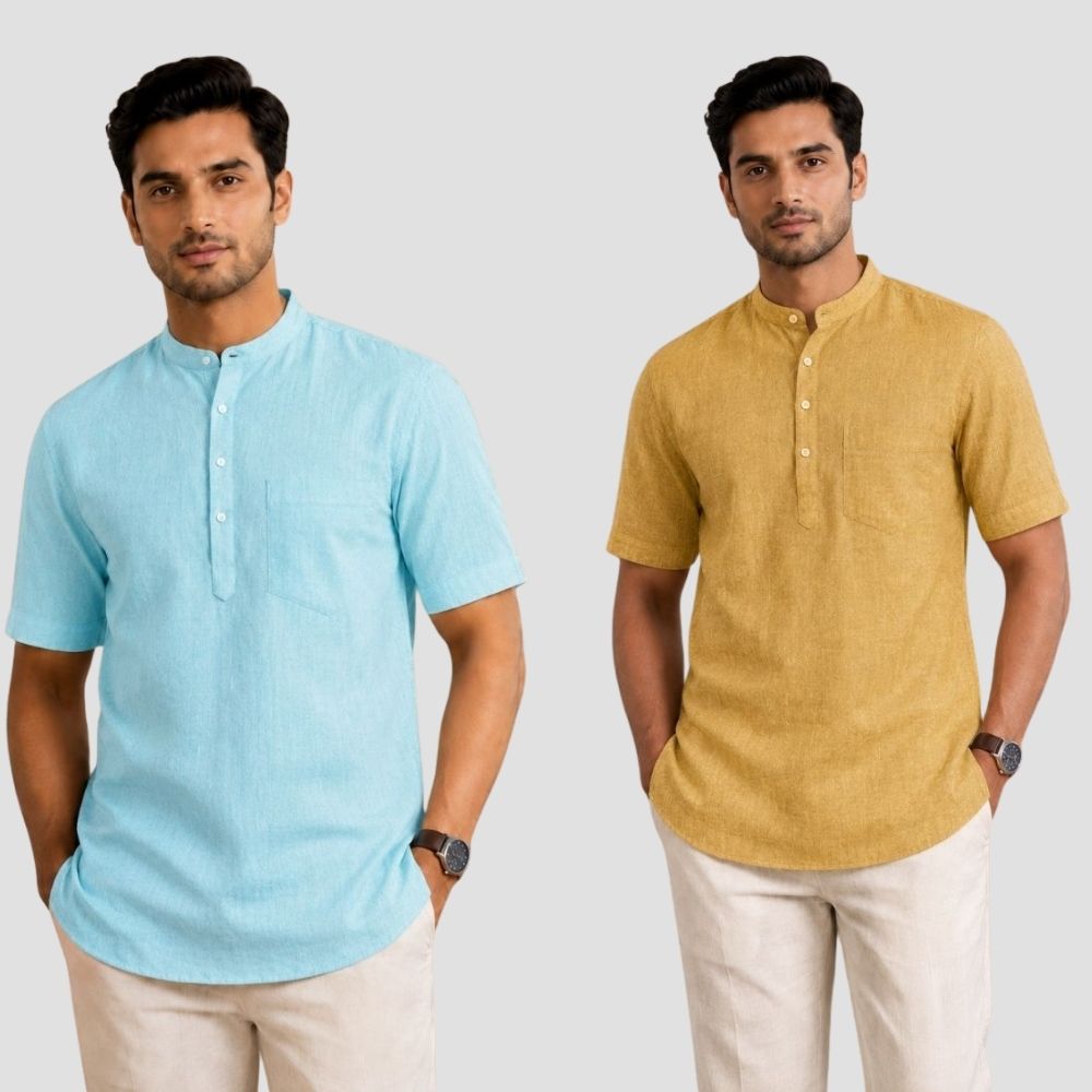 Combo of 2 Cotton Half Sleeves Kurta Blue and Yellow-51546