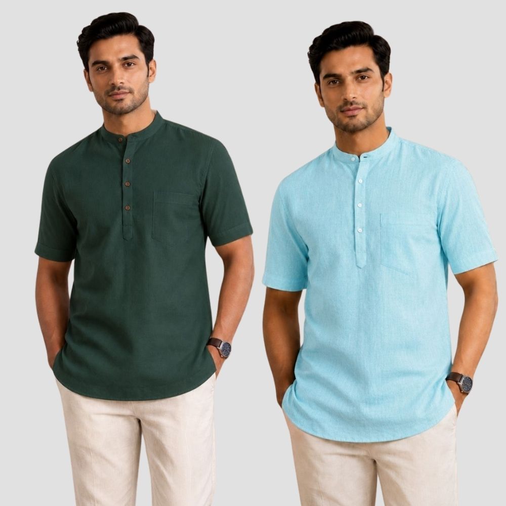 Combo of 2 Cotton Half Sleeves Kurta Bottle Green and Blue-51392