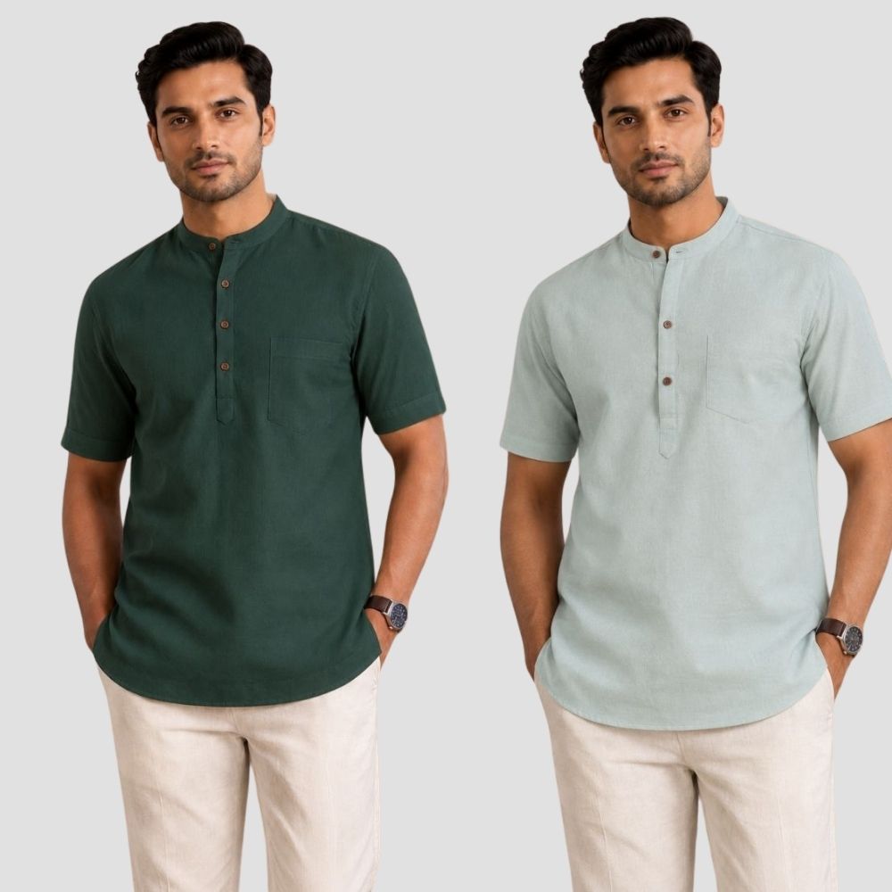 Combo of 2 Cotton Half Sleeves Kurta Bottle Green and Gray-51383