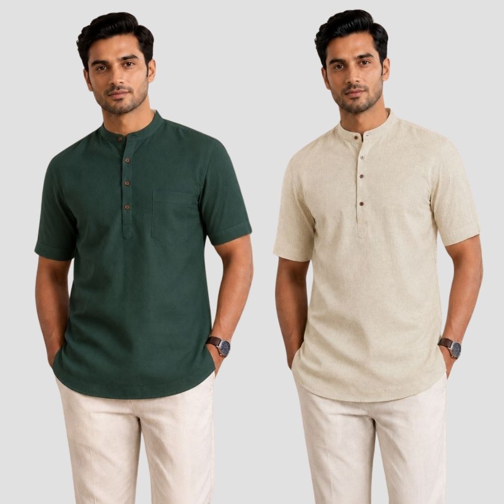 Combo of 2 Cotton Half Sleeves Kurta Bottle Green and Light Beige-51381