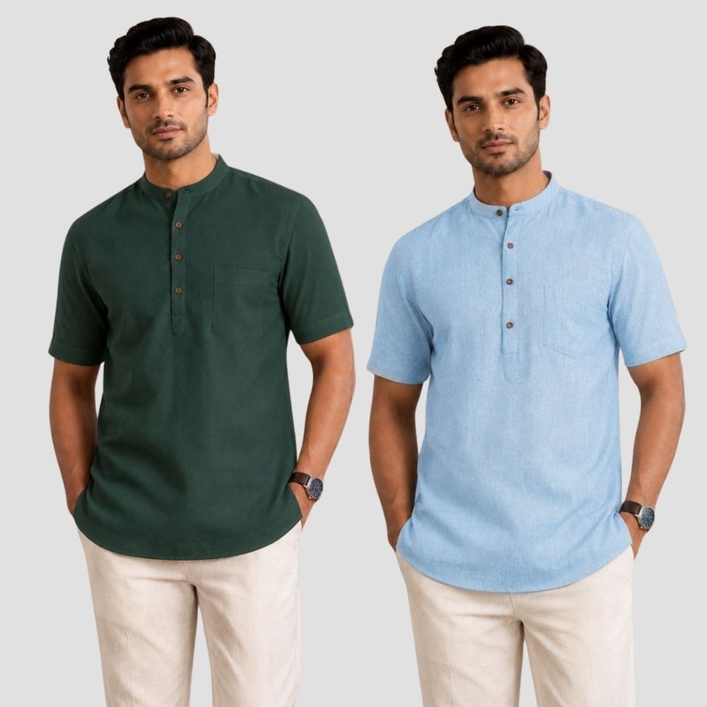 Combo of 2 Cotton Half Sleeves Kurta Bottle Green and Light Blue-51378