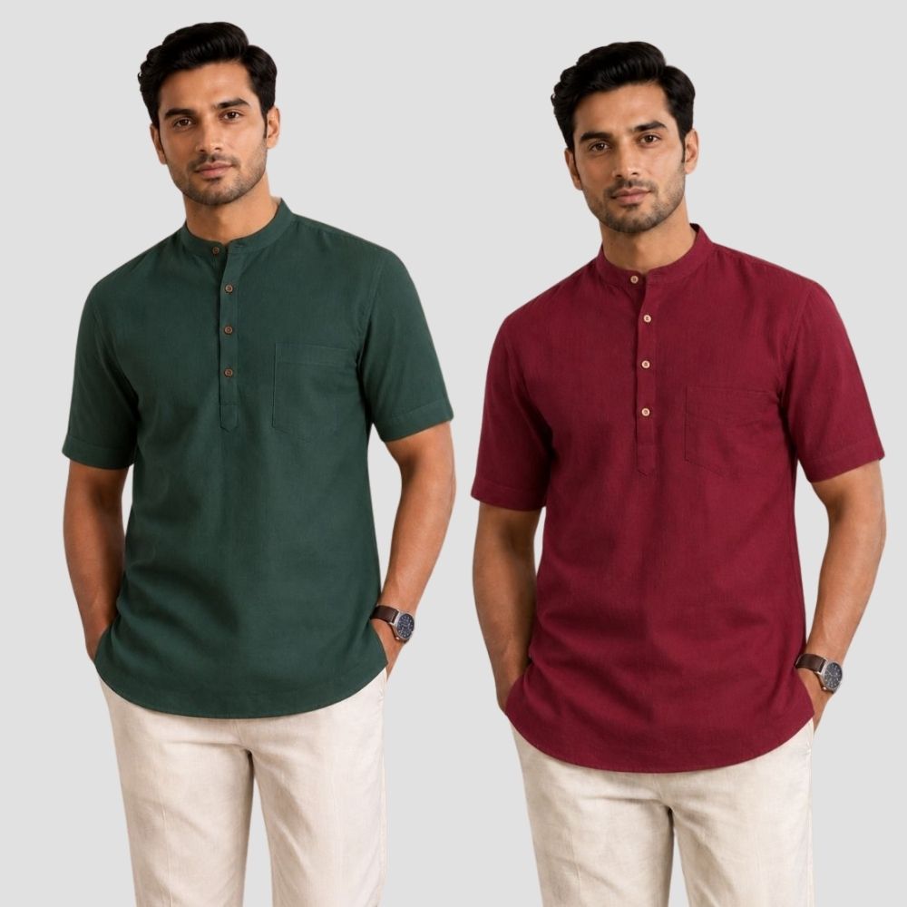 Combo of 2 Cotton Half Sleeves Kurta Bottle Green and Maroon-51385
