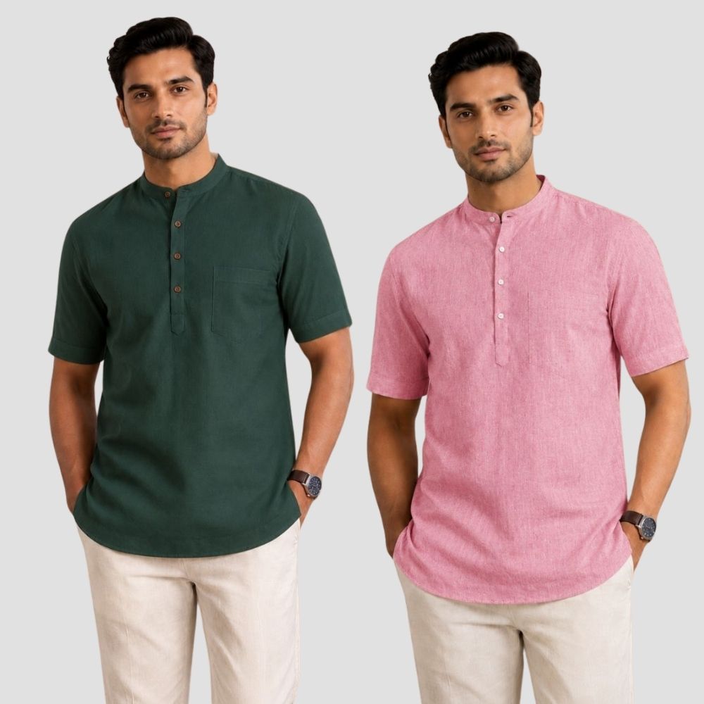 Combo of 2 Cotton Half Sleeves Kurta Bottle Green and Pink-51388