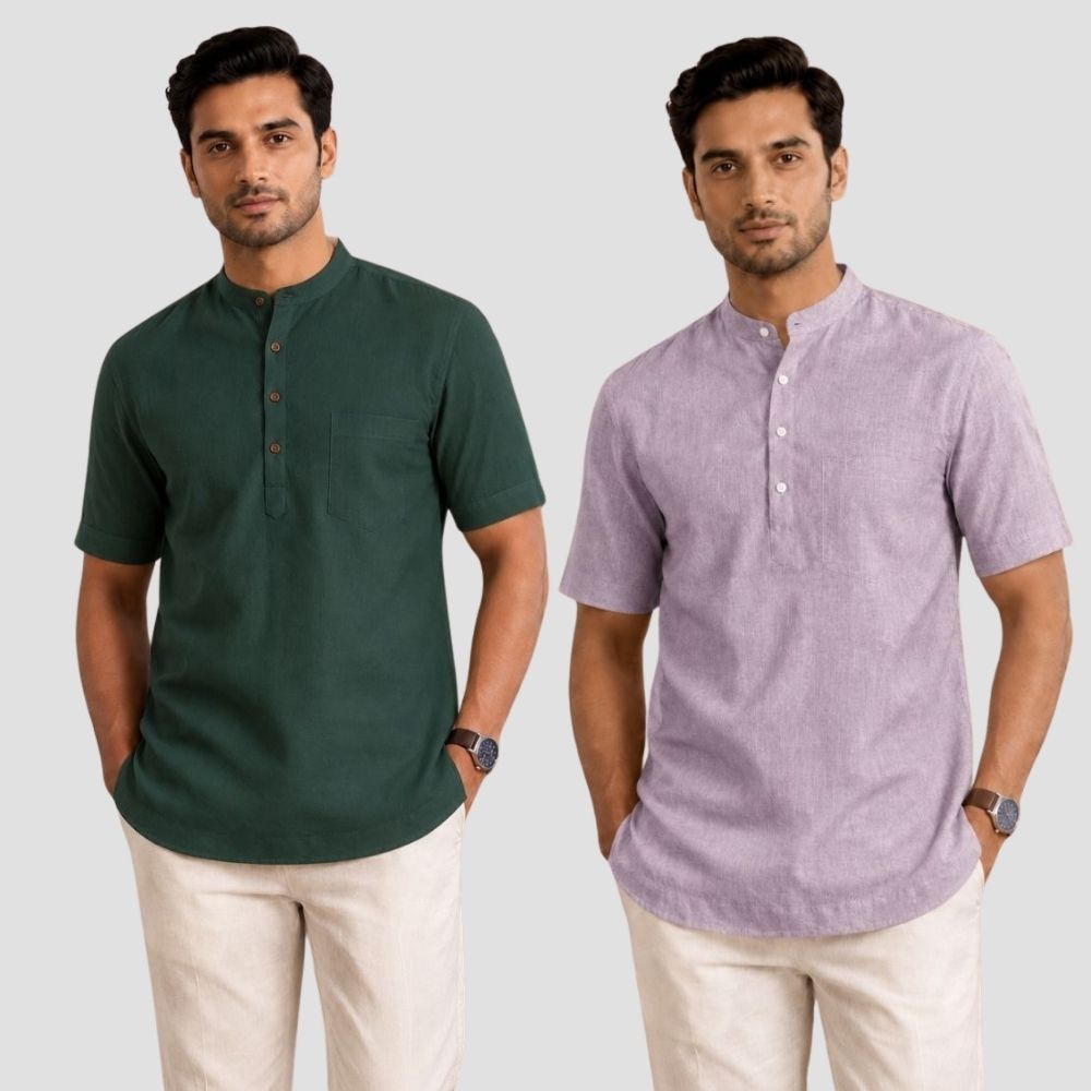Combo of 2 Cotton Half Sleeves Kurta Bottle Green and Purple-51389