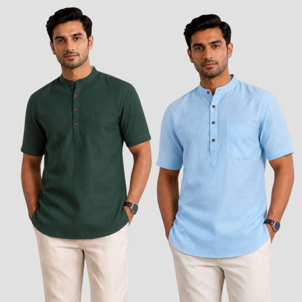 Combo of 2 Cotton Half Sleeves Kurta Bottle Green and Sky Blue-51384