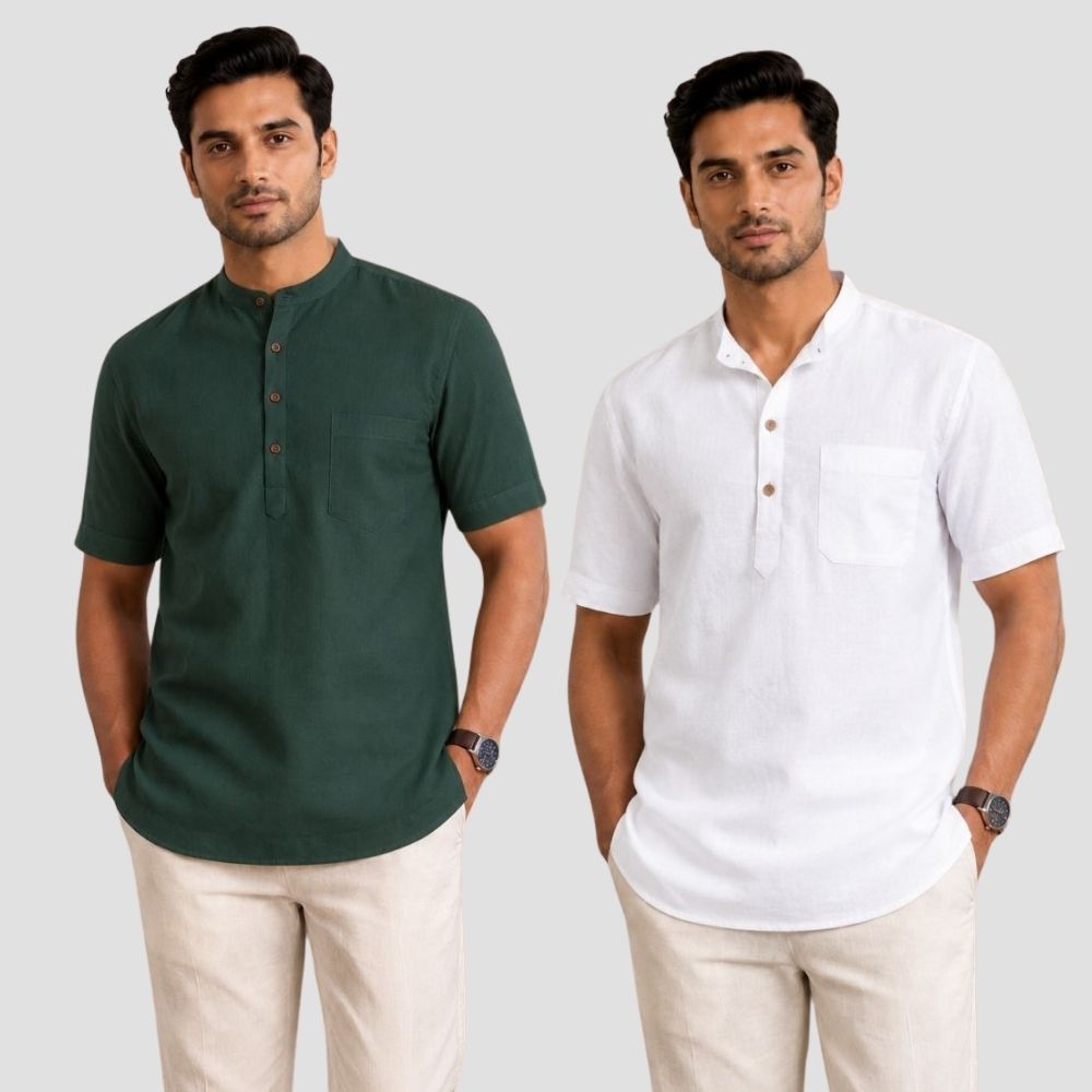 Combo of 2 Cotton Half Sleeves Kurta Bottle Green and White-51393