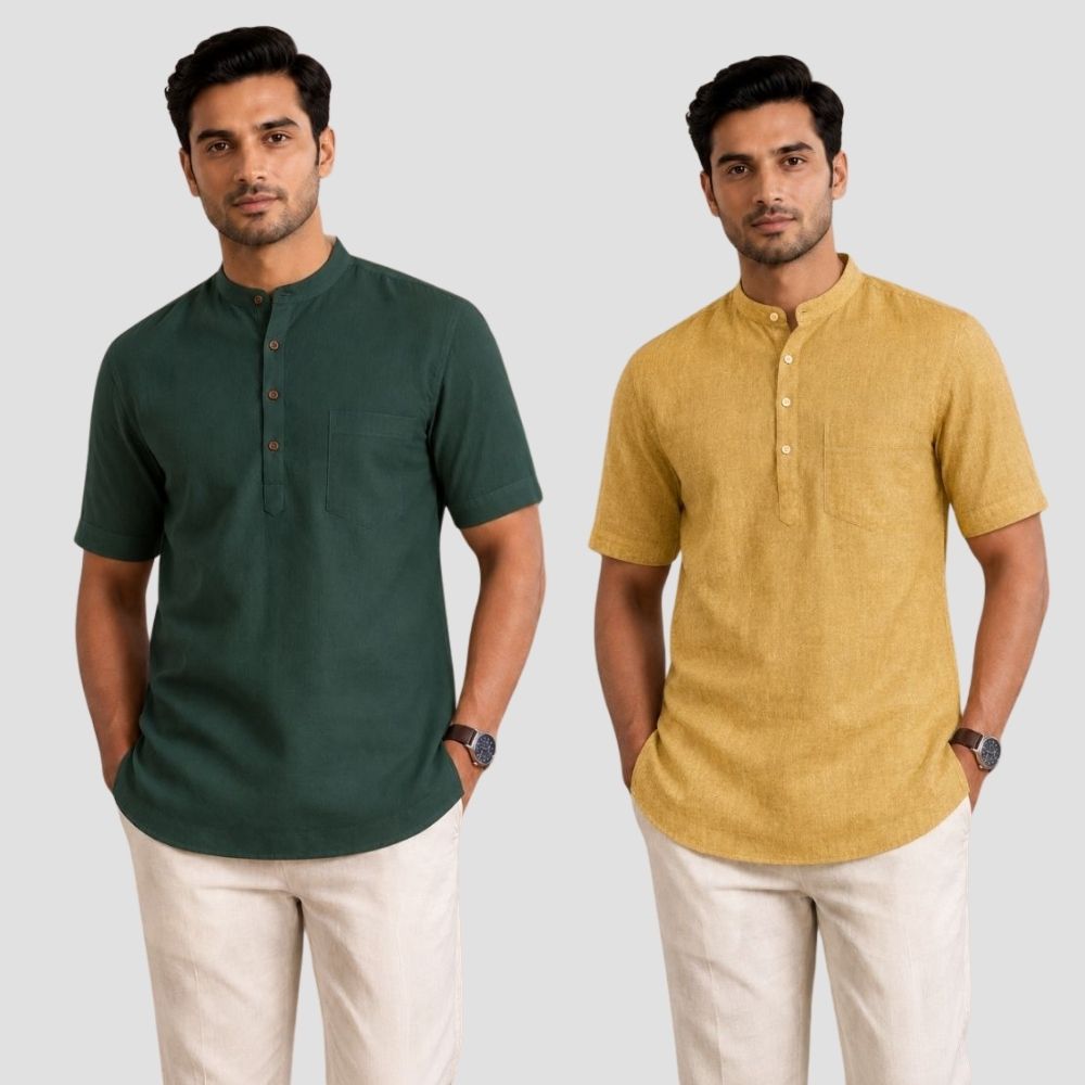 Combo of 2 Cotton Half Sleeves Kurta Bottle Green and Yellow-51394