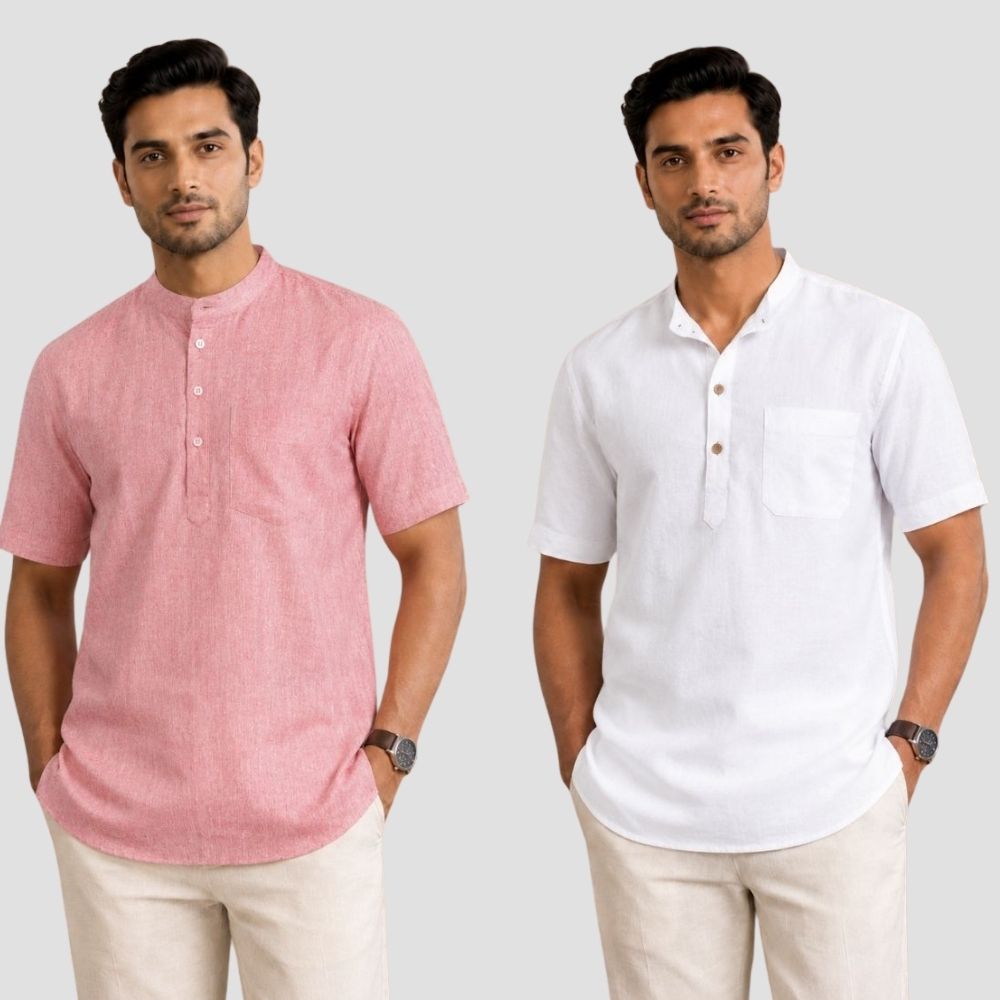 Combo of 2 Cotton Half Sleeves Kurta Brick Red and White-51543