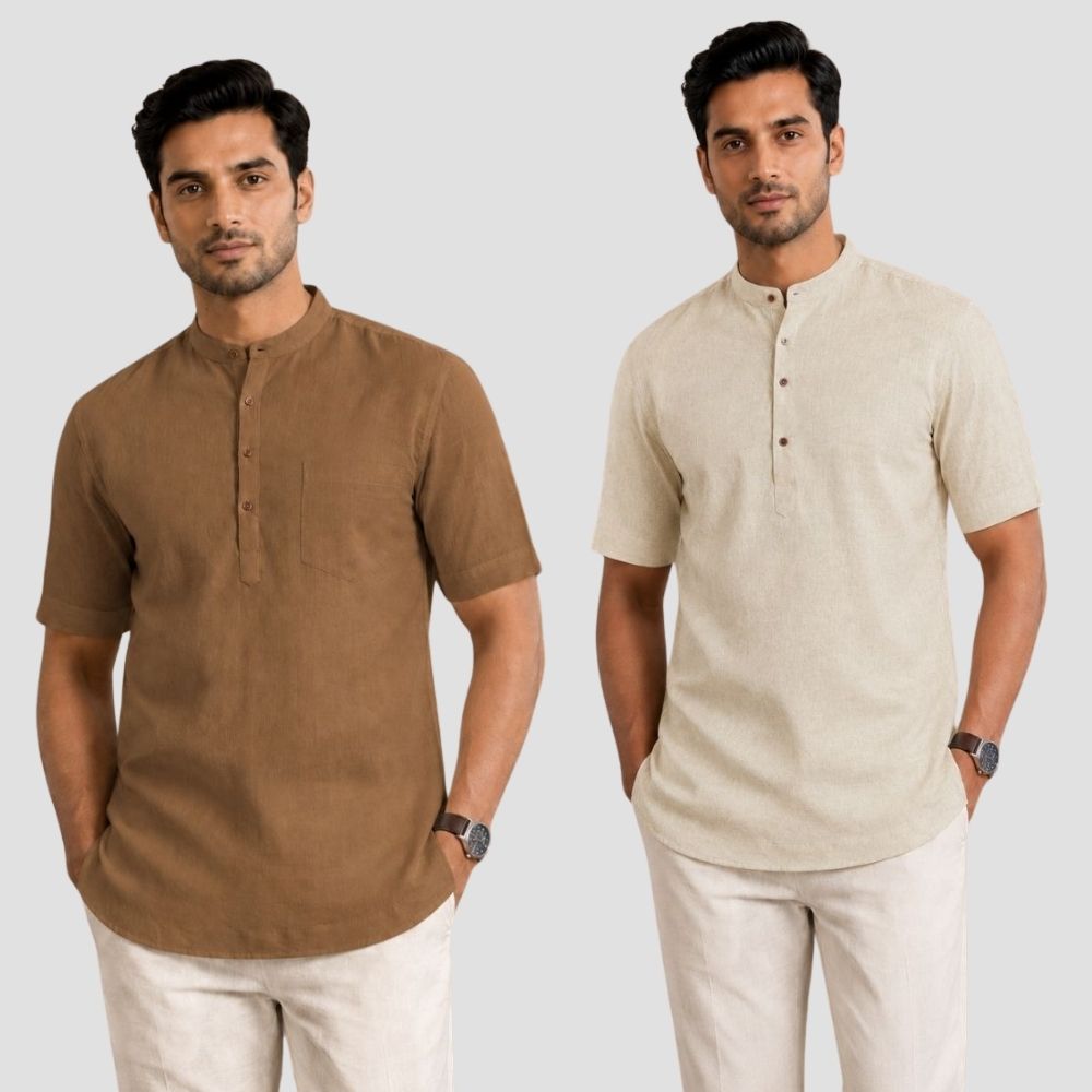 Combo of 2 Cotton Half Sleeves Kurta Brown and Light Beige-51398