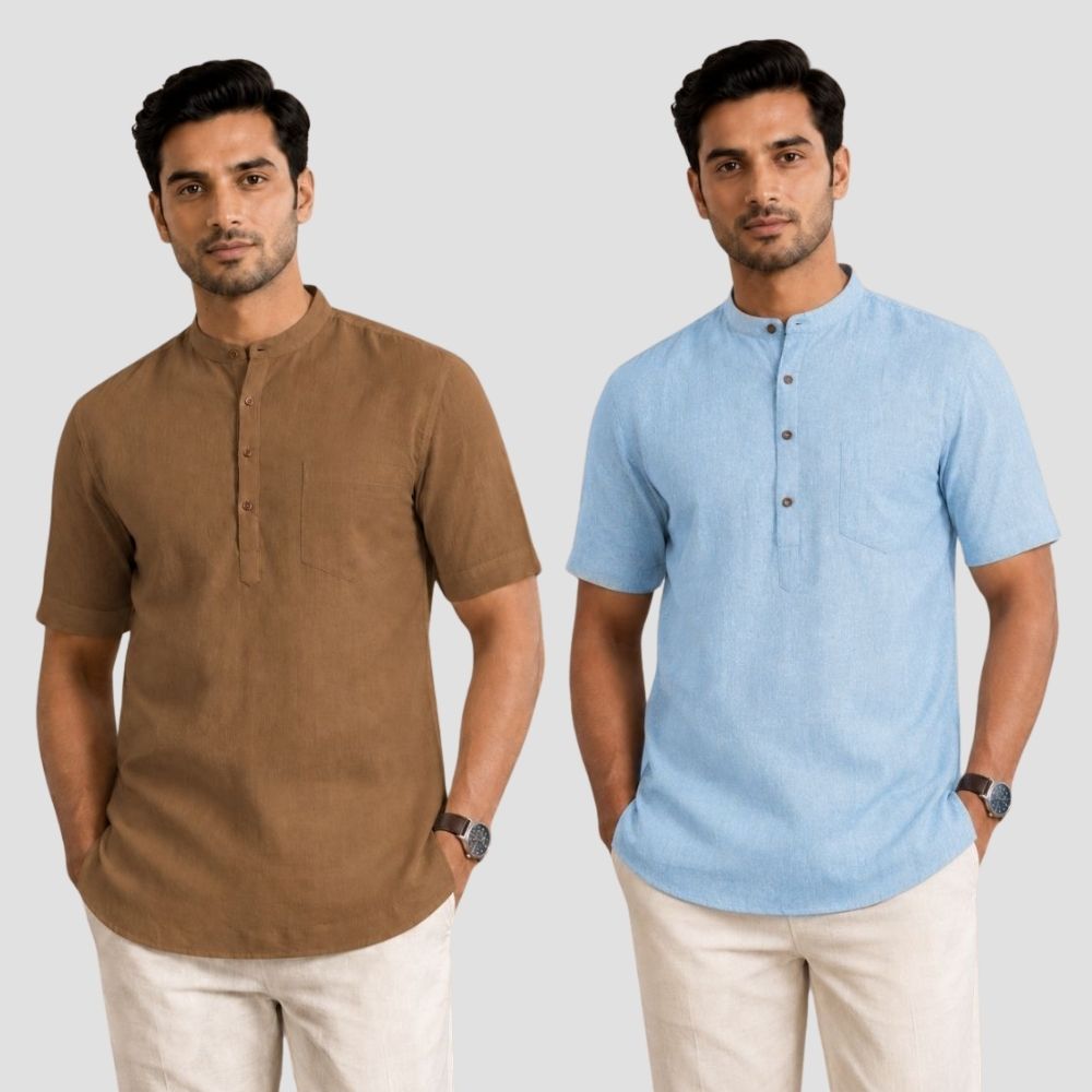 Combo of 2 Cotton Half Sleeves Kurta Brown and Light Blue-51395