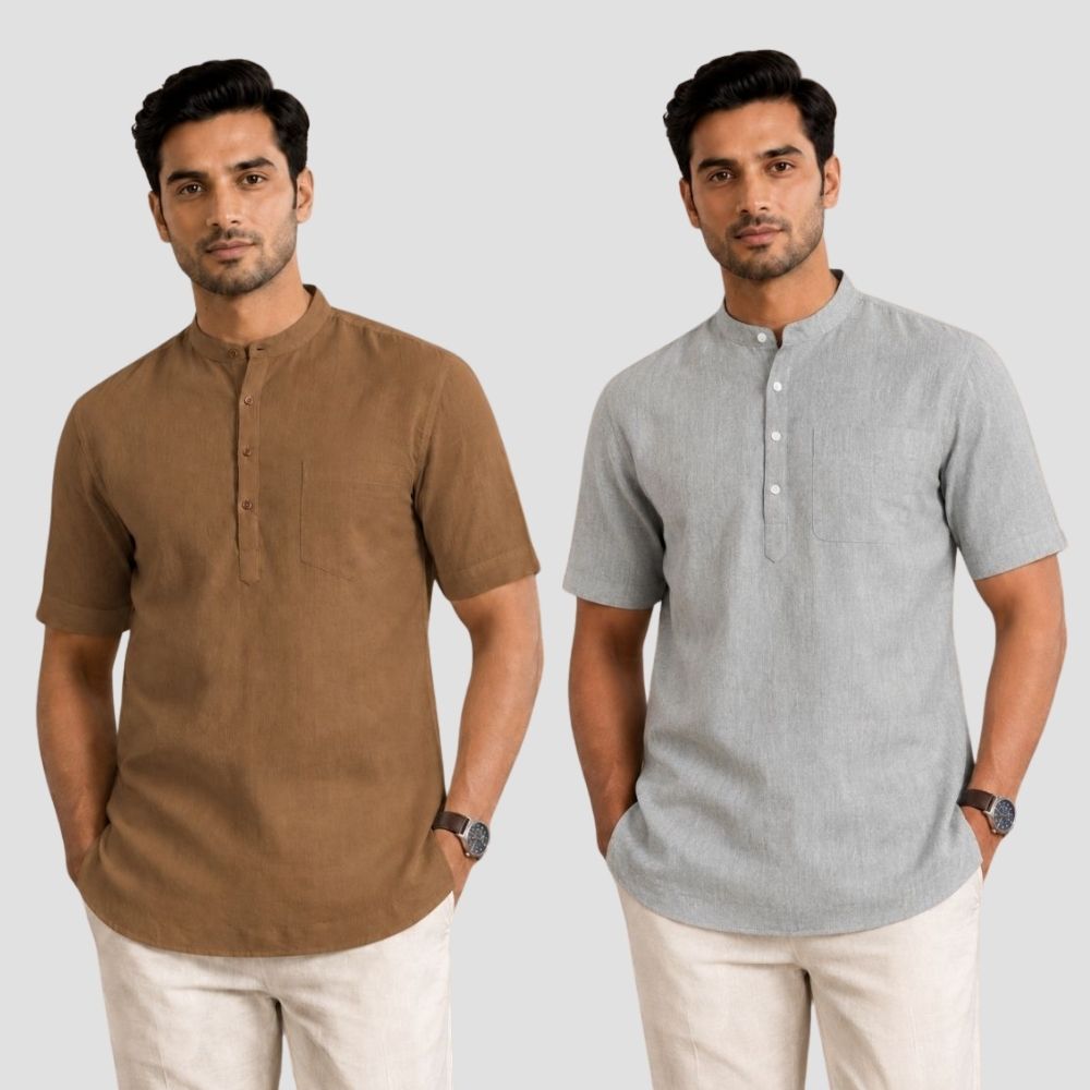 Combo of 2 Cotton Half Sleeves Kurta Brown and Light Gray-51396