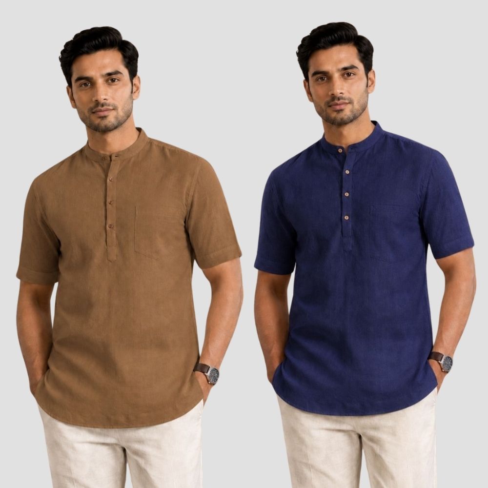 Combo of 2 Cotton Half Sleeves Kurta Brown and Navy Blue-51403