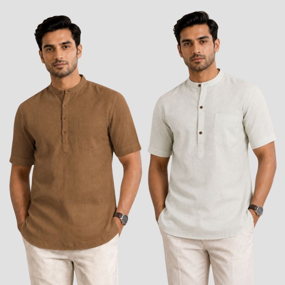 Combo of 2 Cotton Half Sleeves Kurta Brown and Off White-51399