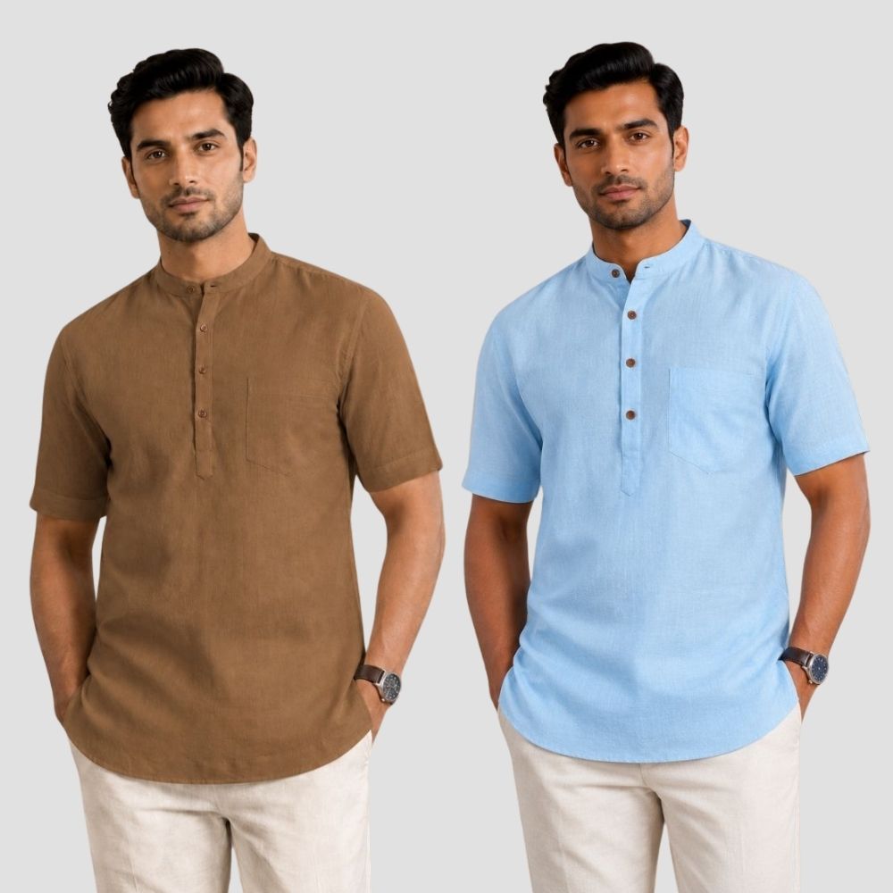 Combo of 2 Cotton Half Sleeves Kurta Brown and Sky Blue-51401