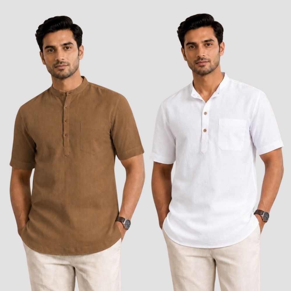 Combo of 2 Cotton Half Sleeves Kurta Brown and White-51410