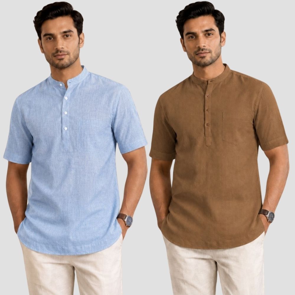 Combo of 2 Cotton Half Sleeves Kurta Denim and Brown-51340
