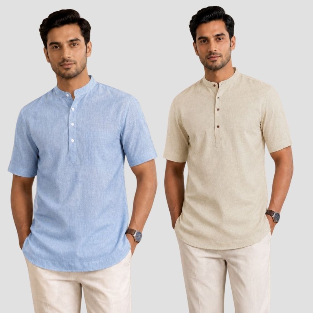 Combo of 2 Cotton Half Sleeves Kurta Denim and Light Beige-51344