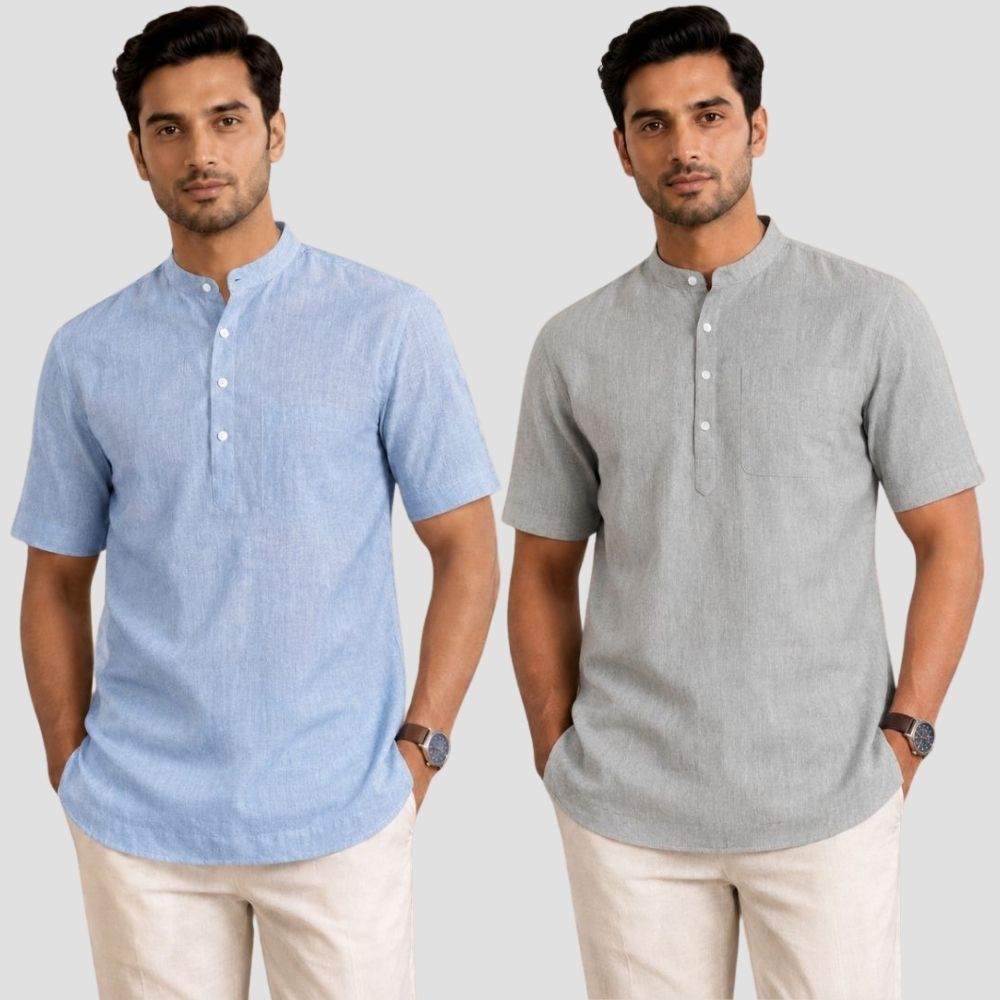 Combo of 2 Cotton Half Sleeves Kurta Denim and Light Gray-51342
