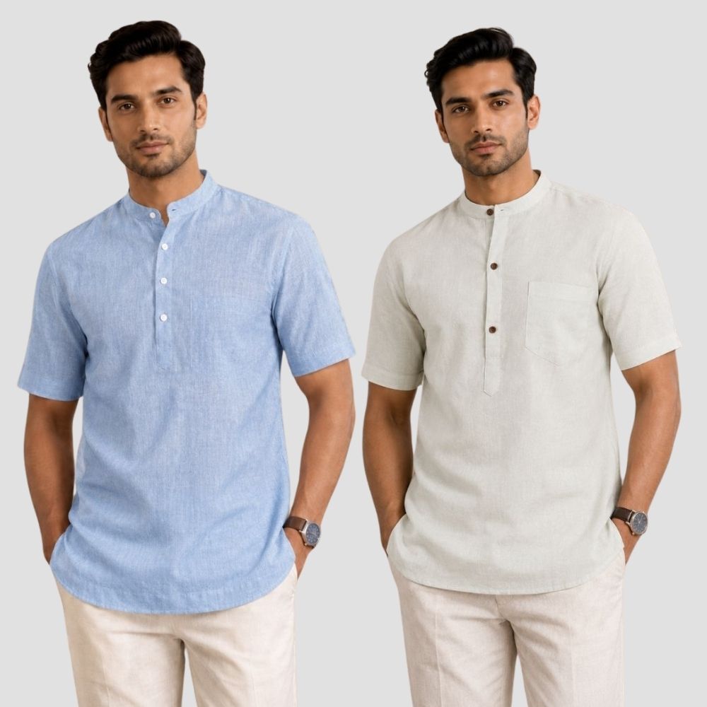 Combo of 2 Cotton Half Sleeves Kurta Denim and Off White-51345