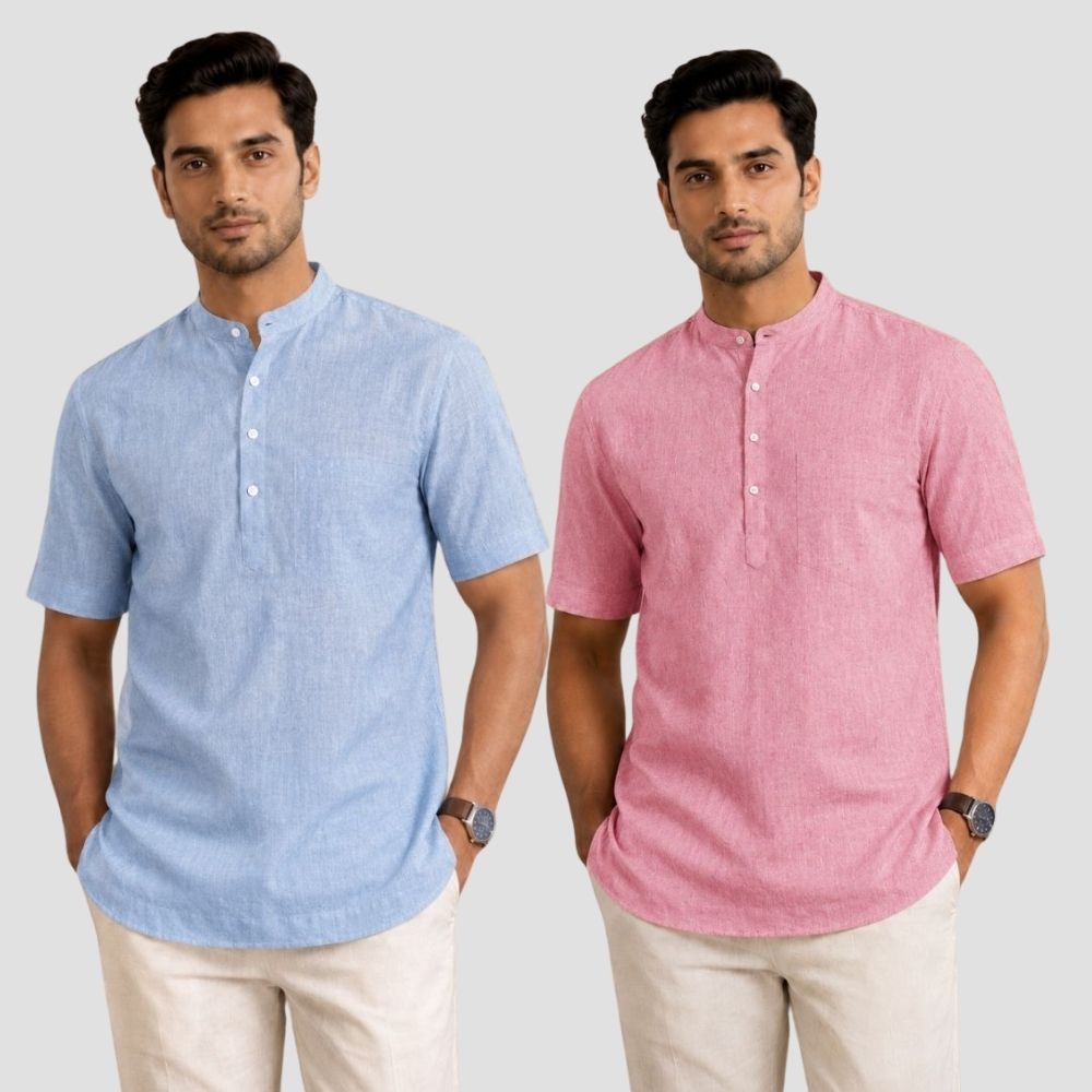 Combo of 2 Cotton Half Sleeves Kurta Denim and Pink-51351