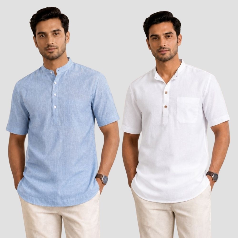 Combo of 2 Cotton Half Sleeves Kurta Denim and White-51356