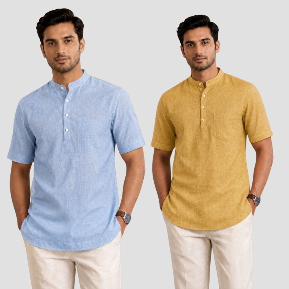 Combo of 2 Cotton Half Sleeves Kurta Denim and Yellow-51357