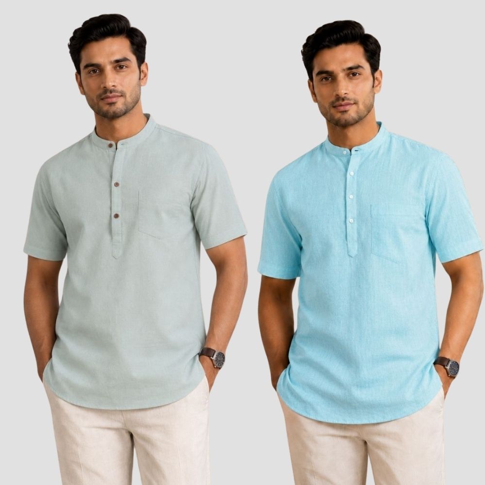 Combo of 2 Cotton Half Sleeves Kurta Gray and Blue-51490