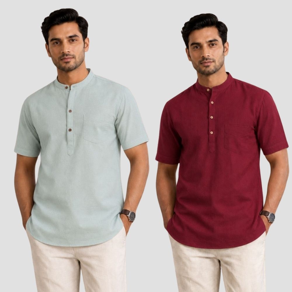 Combo of 2 Cotton Half Sleeves Kurta Gray and Maroon-51483