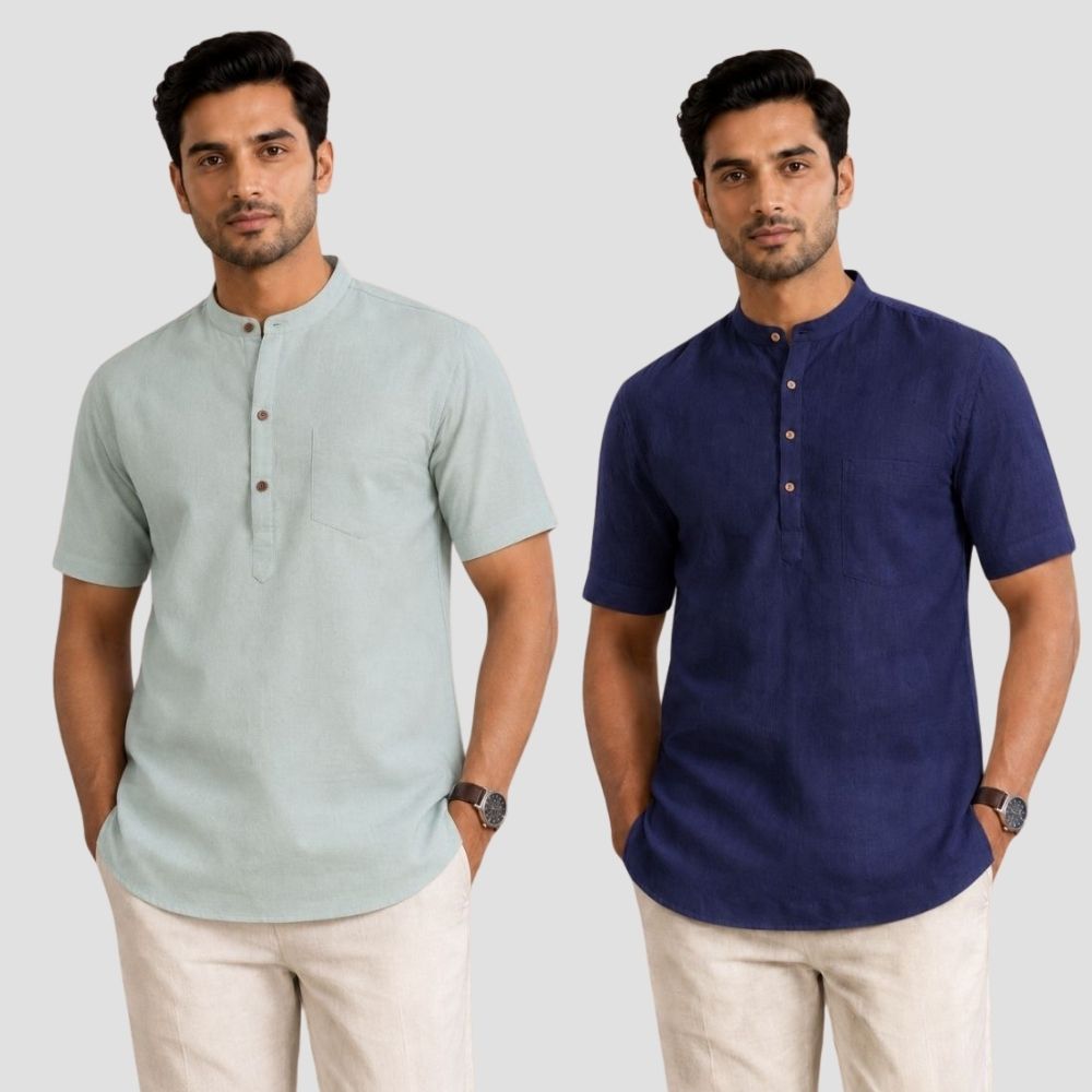 Combo of 2 Cotton Half Sleeves Kurta Gray and Navy Blue-51484