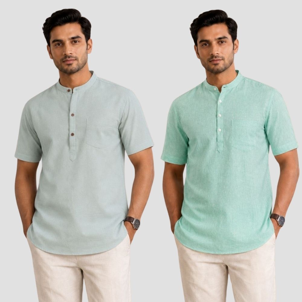 Combo of 2 Cotton Half Sleeves Kurta Gray and Parrot Green-51488