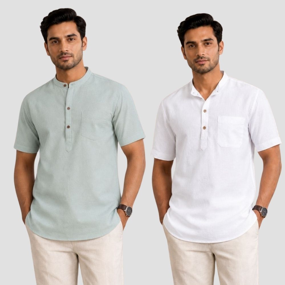Combo of 2 Cotton Half Sleeves Kurta Gray and White-51491