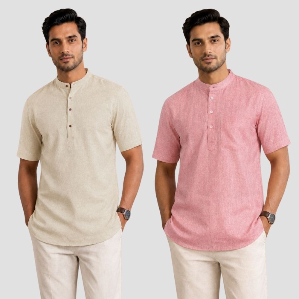 Combo of 2 Cotton Half Sleeves Kurta Light Beige and Brick Red-51466