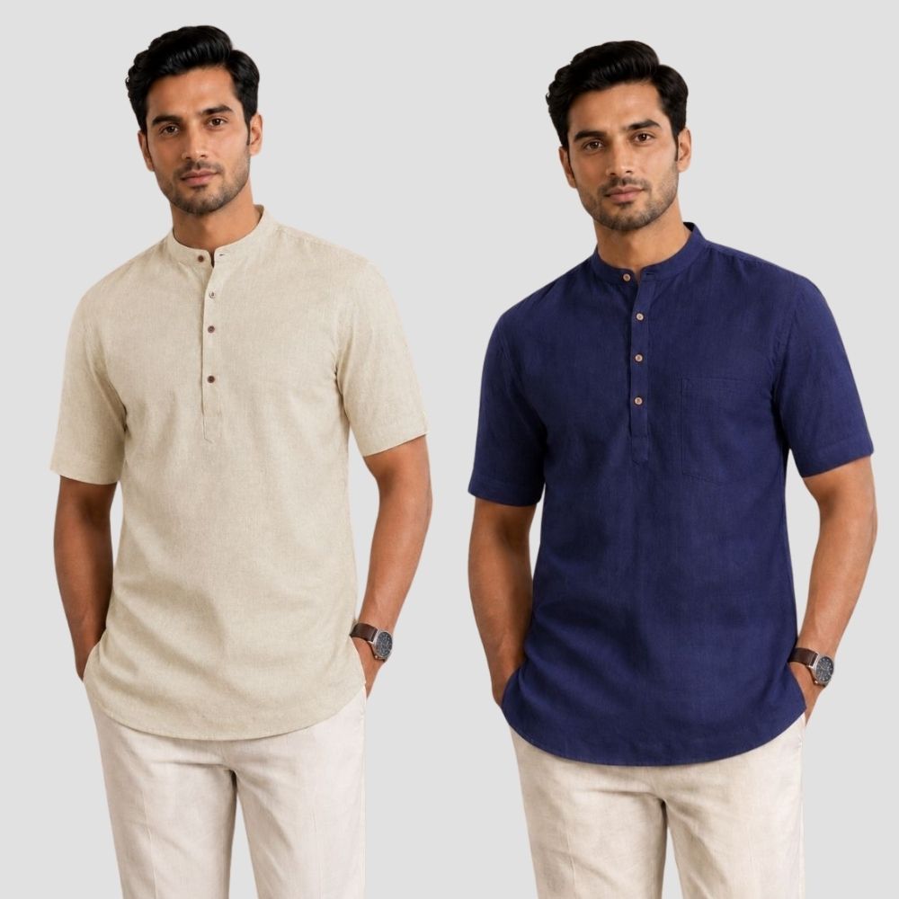 Combo of 2 Cotton Half Sleeves Kurta Light Beige and Navy Blue-51461