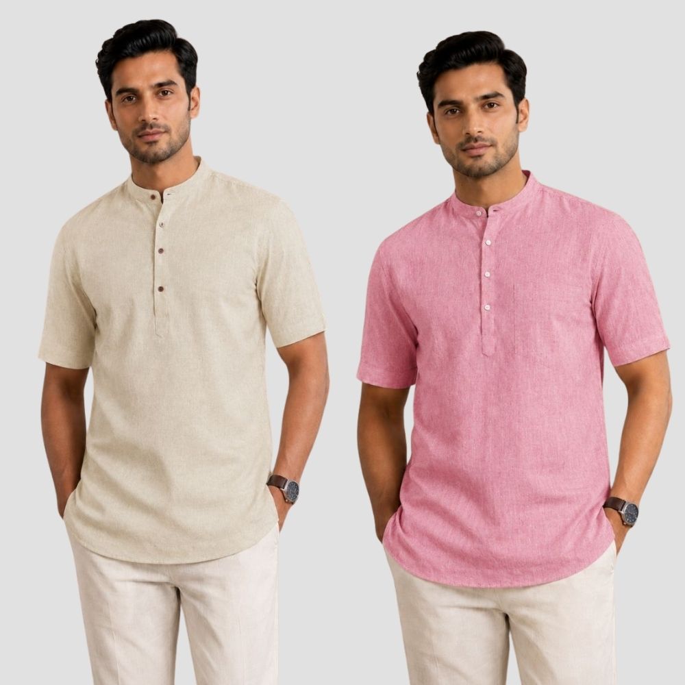 Combo of 2 Cotton Half Sleeves Kurta Light Beige and Pink-51463