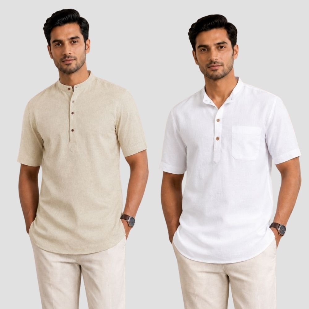 Combo of 2 Cotton Half Sleeves Kurta Light Beige and White-51468