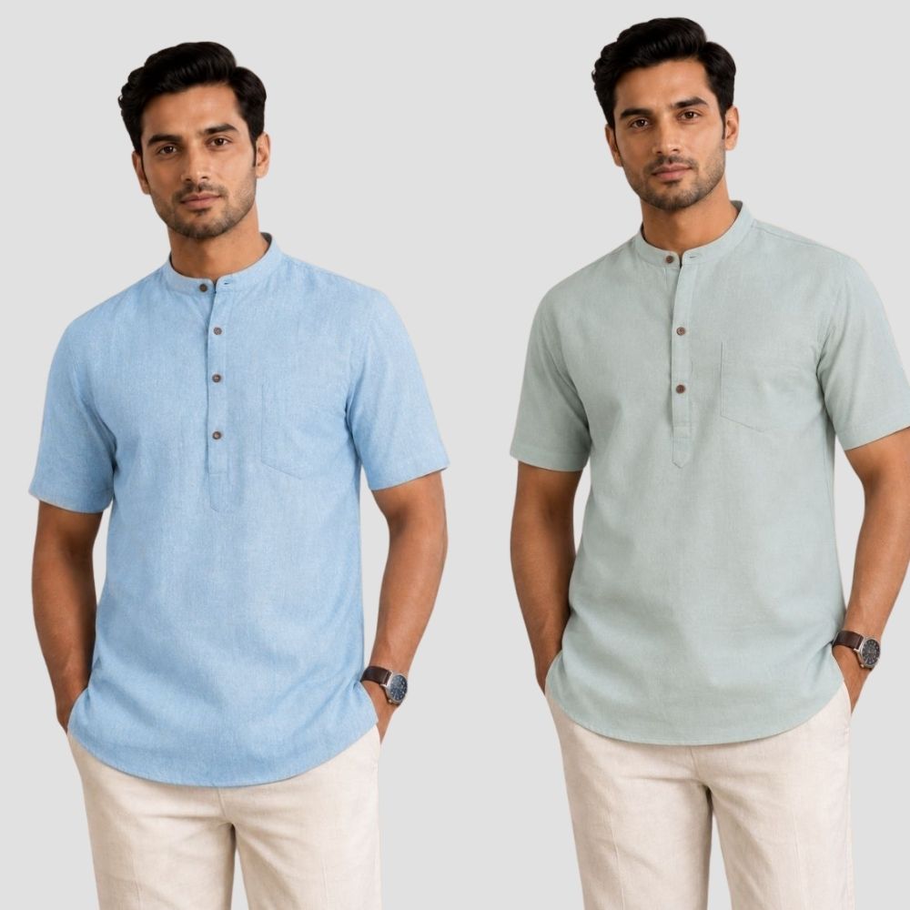 Combo of 2 Cotton Half Sleeves Kurta Light Blue and Gray-51416