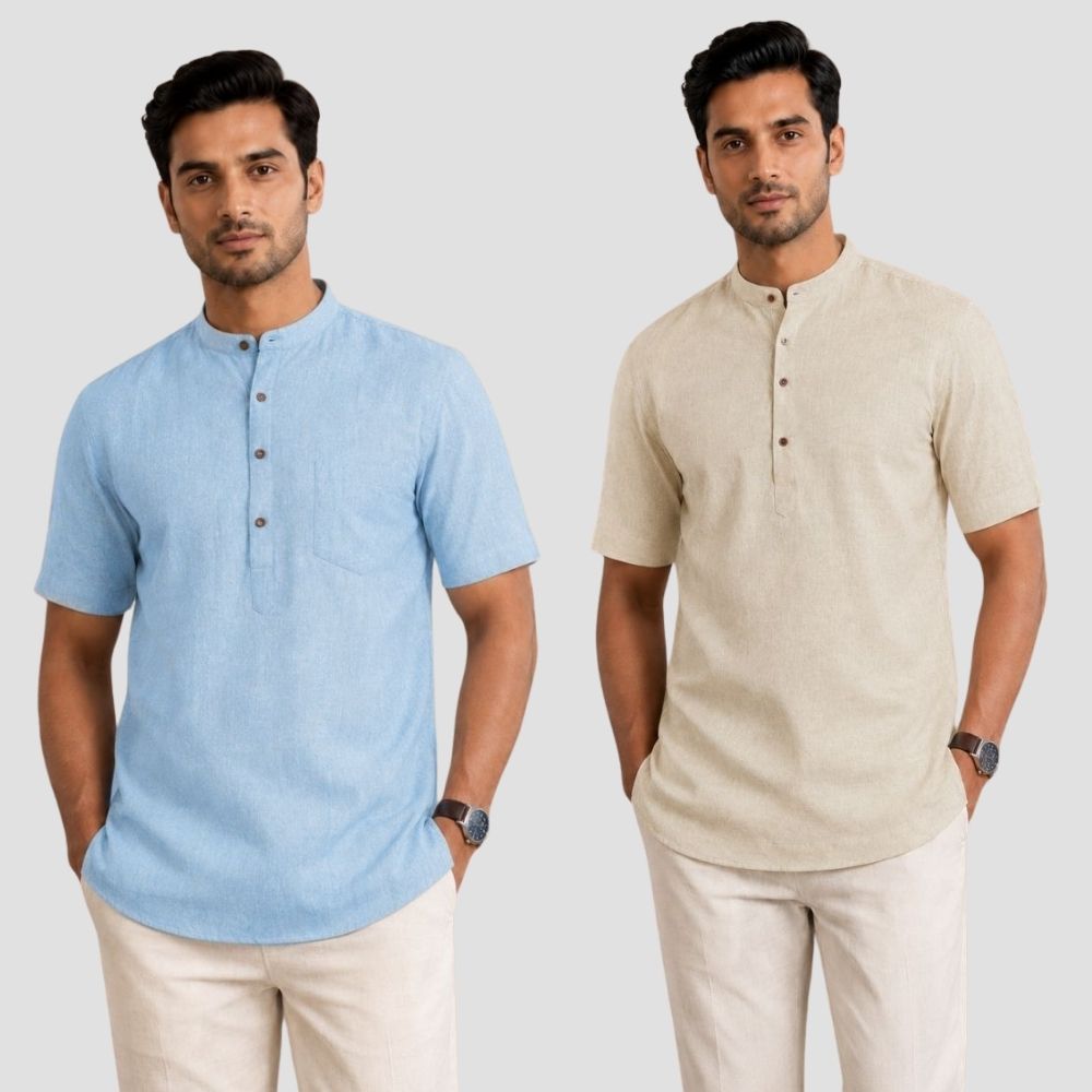 Combo of 2 Cotton Half Sleeves Kurta Light Blue and Light Beige-51414
