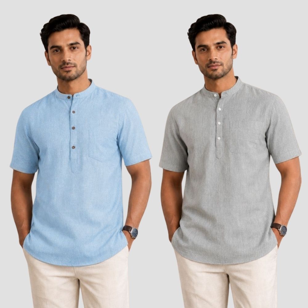 Combo of 2 Cotton Half Sleeves Kurta Light Blue and Light Gray-51412