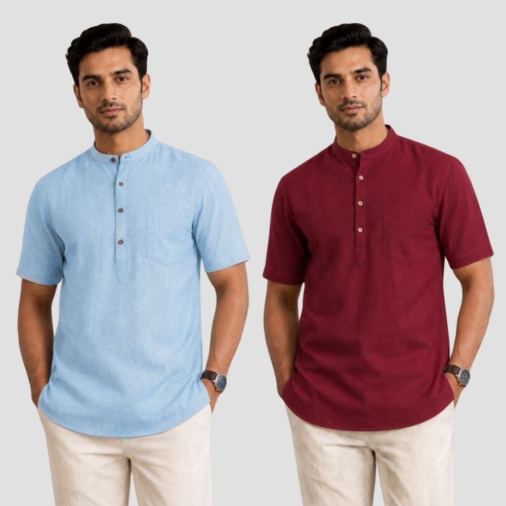 Combo of 2 Cotton Half Sleeves Kurta Light Blue and Maroon-51418