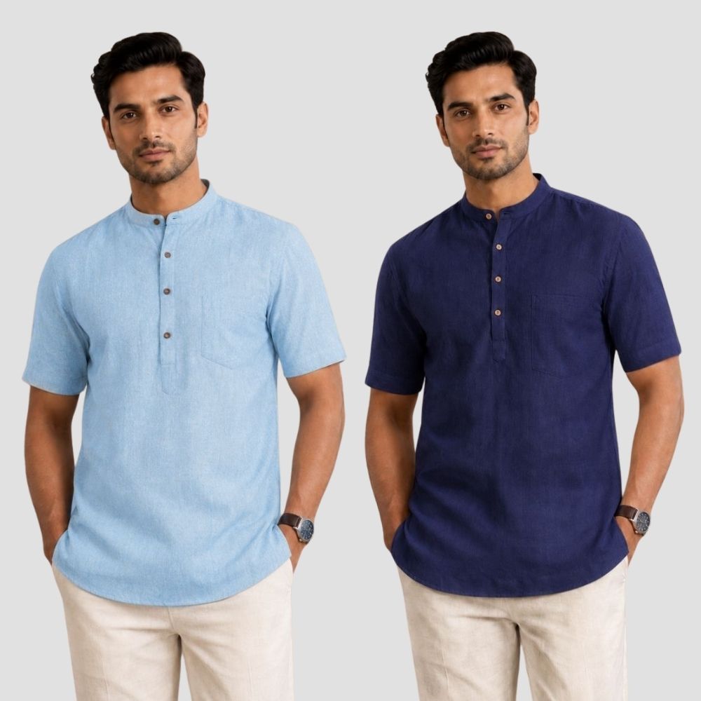 Combo of 2 Cotton Half Sleeves Kurta Light Blue and Navy Blue-51419