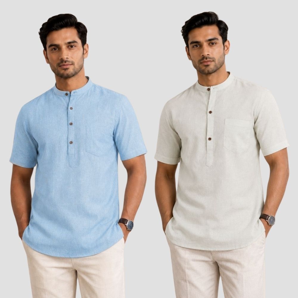 Combo of 2 Cotton Half Sleeves Kurta Light Blue and Off White-51415