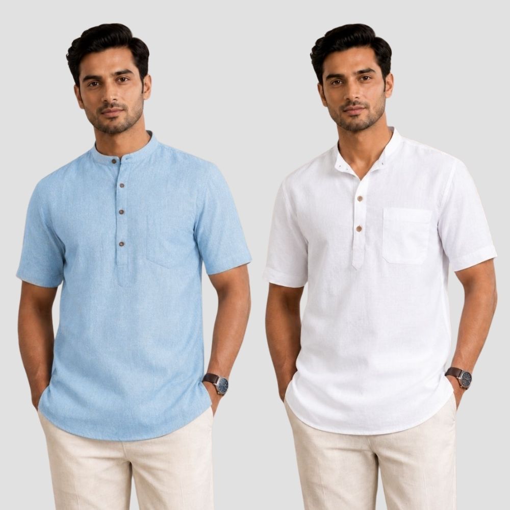 Combo of 2 Cotton Half Sleeves Kurta Light Blue and White-51426