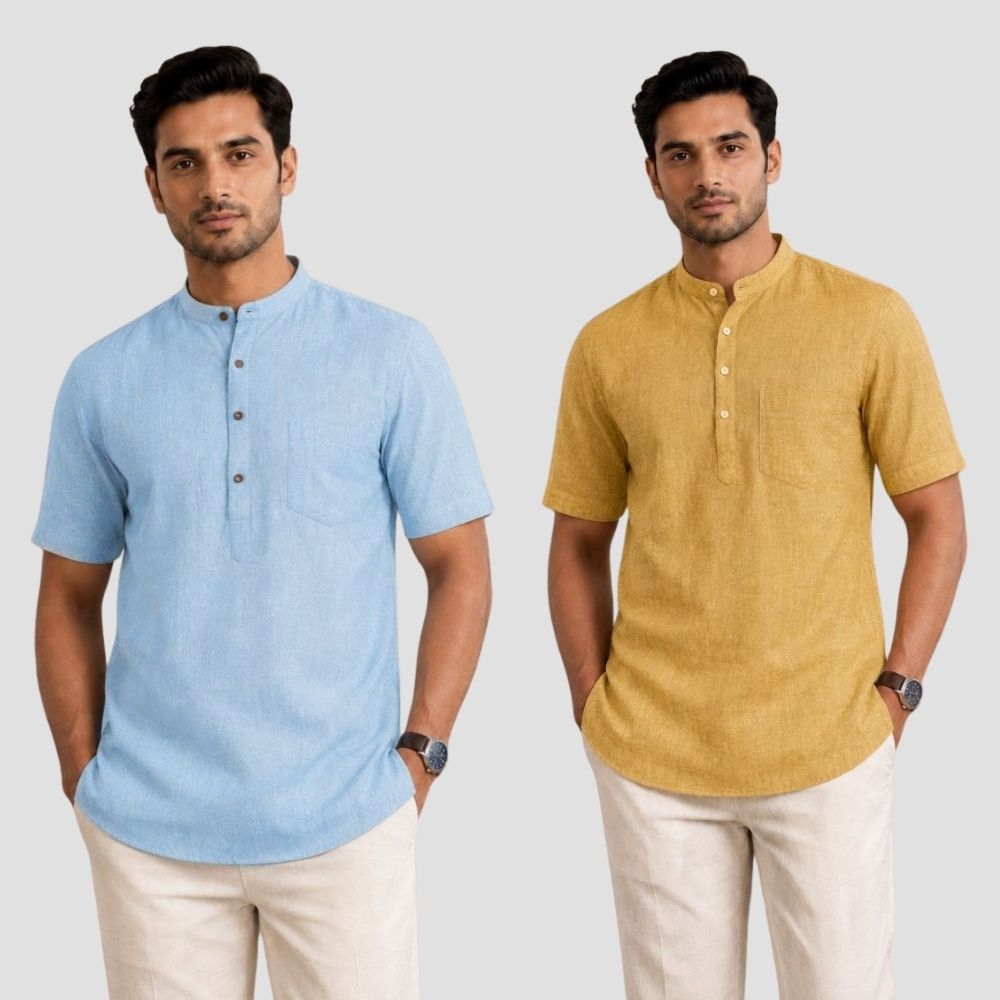 Combo of 2 Cotton Half Sleeves Kurta Light Blue and Yellow-51427